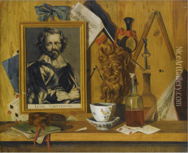 A Framed Lucas Vorsterman Print, A Gilt Plaster Head Of A Faun, Measure Devices And Musical Sheets, All Hanging Above A Ledge With A Chinese Cup And Varnish Bottle Oil Painting - Jean-Baptiste Boisset