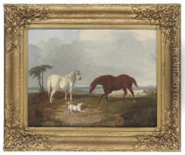 Two Hunters And A Terrier In A Landscape Oil Painting - William Tasker