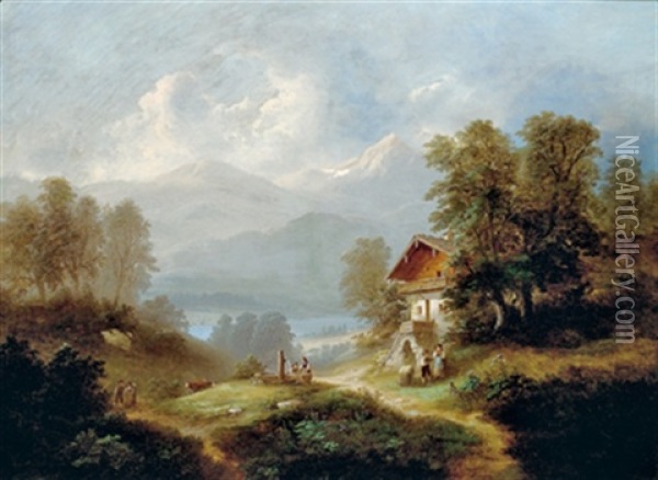 Grose Landschaft Mit Bauernhaus Und Figurlicher Staffage Oil Painting - Franz Barbarini