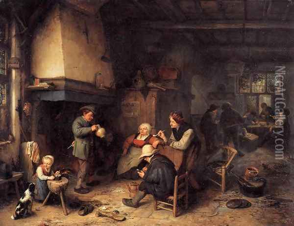Peasants in an Interior Oil Painting - Adriaen Jansz. Van Ostade