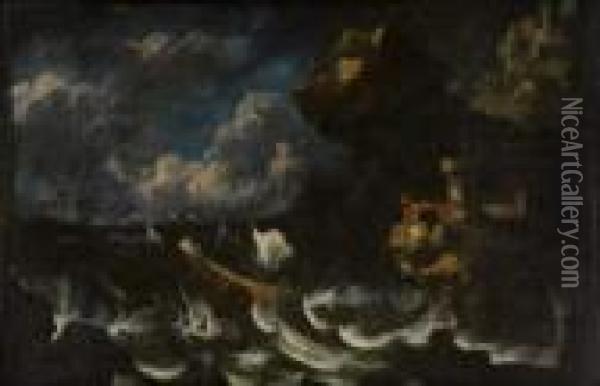 Caravelle Dans La Tourmente. Oil Painting - Pieter the Younger Mulier