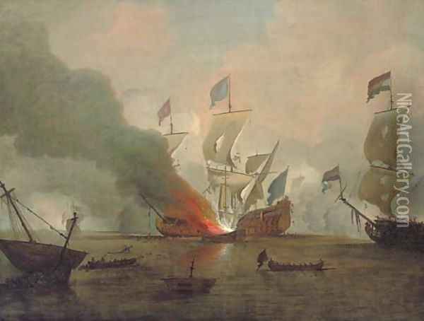 The destruction of the Royal James at the battle of Solebay, 3rd May 1672 Oil Painting - Peter Monamy