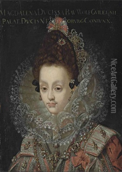 Portrait Of Magdalena, Countess Palatine Of Neuburg And Dutchess Of Julich-berg (1587-1628), Half-length, In A Red Bejewelled Dres... Oil Painting - Peter de Witte the Elder