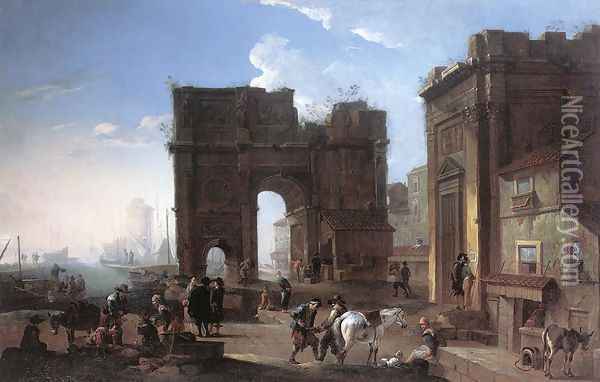 Harbour View with Triumphal Arch Oil Painting - Alessandro Salucci