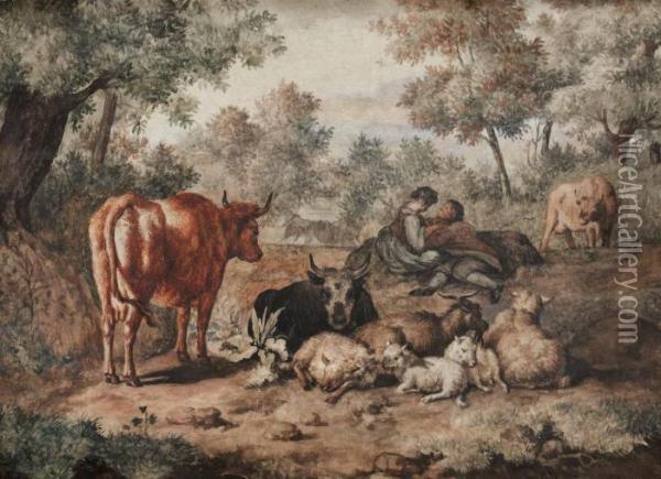 Pastoralt Landskap Med Kreatur Och Herde Oil Painting - Adrian Van De Velde