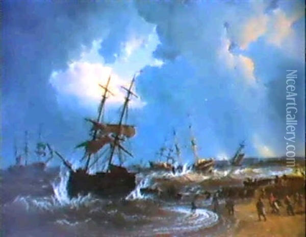 Vessels In Distress Being Aided By Captain Manby's Lifeline Oil Painting - William Joy
