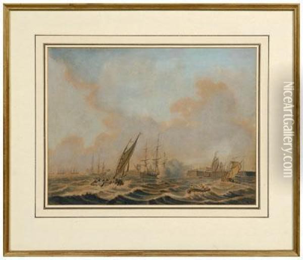 Dutch
Ships Engaging A Fort Oil Painting - Samuel Hutchinson