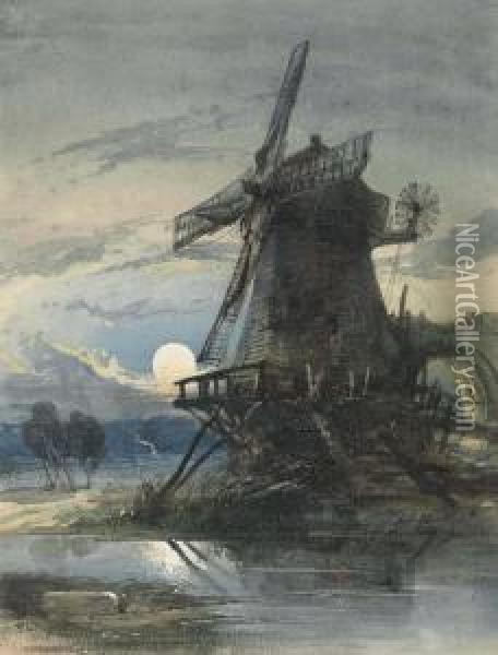 A Windmill Beside A River, Moonlight Oil Painting - Thomas Leeson Rowbotham