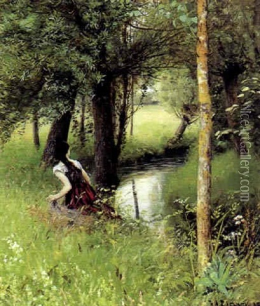 Alob I Skoven Med Ung Pige I Sivene Oil Painting - Hans Andersen Brendekilde