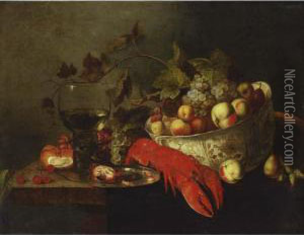A Still Life With Grapes, 
Apples, And Peaches In A Wan-li Bowl, A Lobster, Crayfish On A Pewter 
Plate Together With A Roemer, A Bun, Grapes And Cherries On A Table 
Draped With A Cloth Oil Painting - Michiel Simons