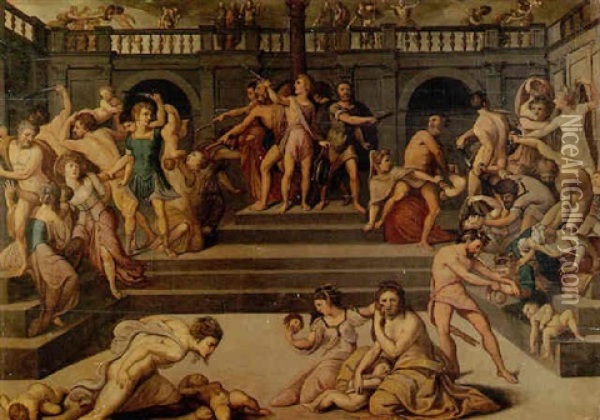 Le Massacre Des Innocents Dans La Cour Du Palais D'herode Oil Painting - Antoine Caron
