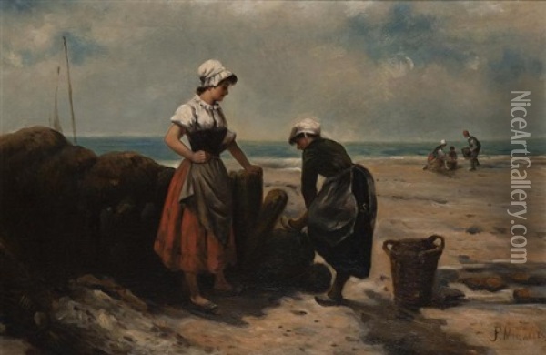 Beach Scene With Figures Oil Painting - Francisco Miralles y Galup