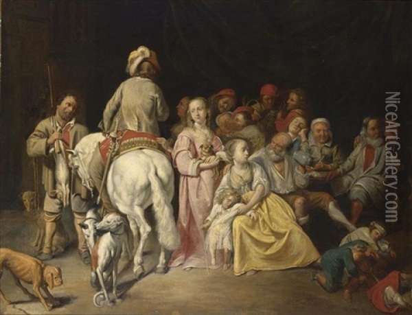An Interior With Elegant Figures And Peasants Making Merry And Drinking, Together With Children Brawling, And A Horseman And A Sportsman With Their Dogs Oil Painting - David Ryckaert III