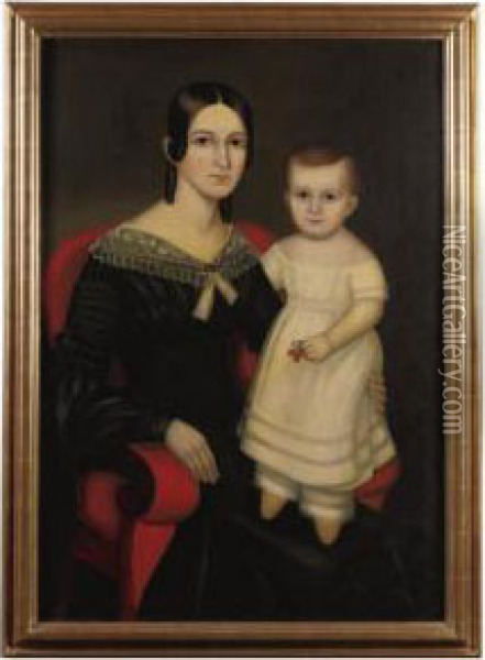 Portrait Of A Young Mother With A Little Girl Standing In Lapwearing Yellow Slippers Oil Painting - Joseph Whiting Stock