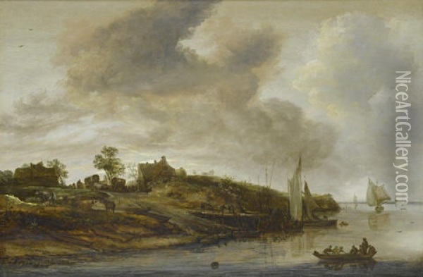 A River Landscape With A Ferry Approaching The Banks Oil Painting - Cornelis Simonsz van der Schalcke