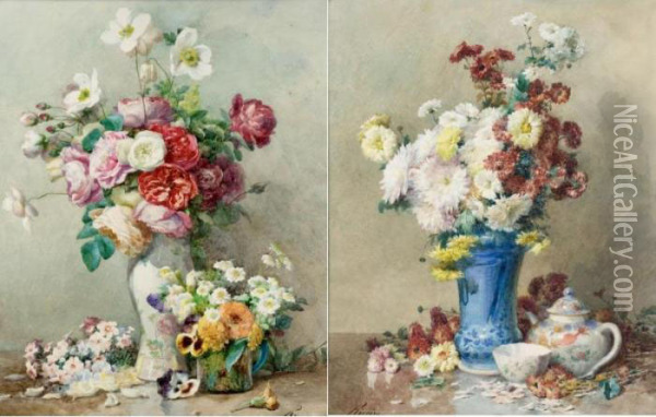 Still Life Of Roses; Still Life Of Chrysanthemums Oil Painting - Francois Rivoire