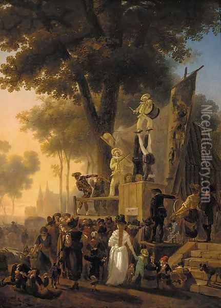 A park in Paris with a crowd watching a performance of the Commedia dell'arte, a view of the Conciergerie beyond Oil Painting - Nicolas Antoine Taunay