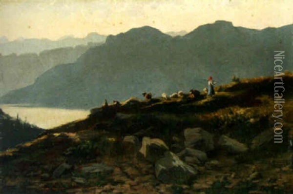 A Shepherd With Cows And Sheep In A Rocky Landscape Oil Painting - Lorenzo Delleani