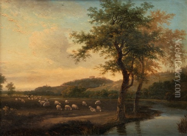 Sheep In A River Landscape Oil Painting - Barend Cornelis Koekkoek