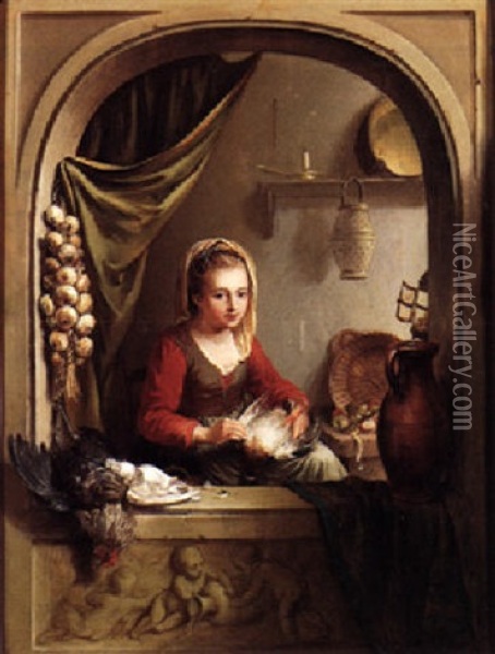 A Kitchen Maid At A Window Plucking A Duck Oil Painting - Willem Joseph Laquy