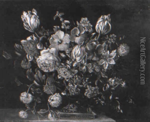 Tulips, Peonies, Roses And Other Flowers In A Sculpted Urn On A Ledge Oil Painting - Jean-Baptiste Monnoyer