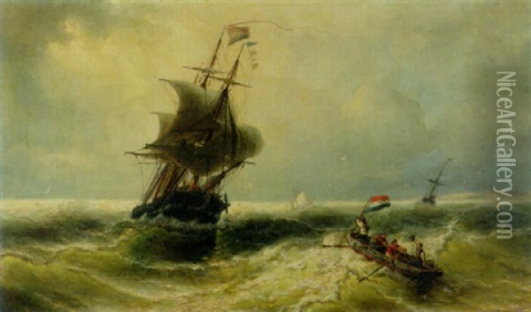 Sailors In A Rowing-boat Approaching A Dutch Three-master In A Swell Oil Painting - Nicolaas Riegen