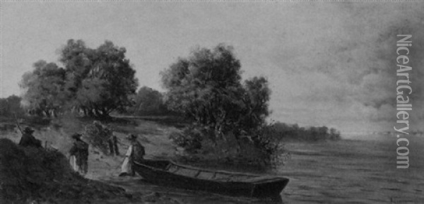 Friedliche Seelandschaft Mit Drei Mannern Und Einem Ruderboot Im Vordergrund Oil Painting - Theodor von Hoermann