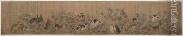 Querrolle Mit Darstellung Von 18 Katzen Und Schmetterlingen Zwischen Gartenfelsen Oil Painting -  Li Gonglin