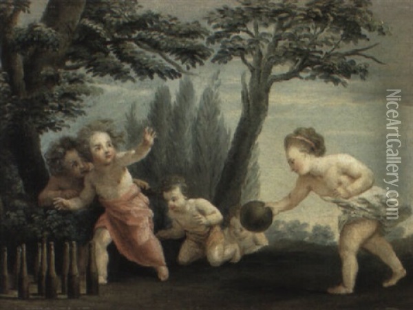 Enfants Jouant Aux Quilles Dans Un Paysage Oil Painting - Noel Halle