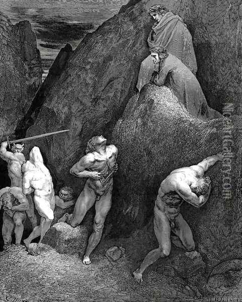 The Inferno, Canto 28, lines 30,31: Now mark how I do rip me: lo! How is Mahomet mangled. Oil Painting - Gustave Dore
