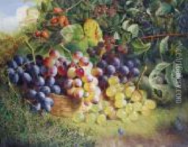 Still Life Of Grapes In A Basket On A Grassy Bank Oil Painting - Charles Stuart
