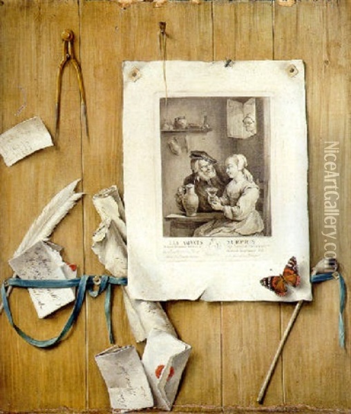 A Trompe L'oeil Of An Engraving Of David Tenier Ii's Surprised Lovers, Letters, A Bill And Other Objects Attached To A Partition Oil Painting - Gabriel (Gaspard) Gresly