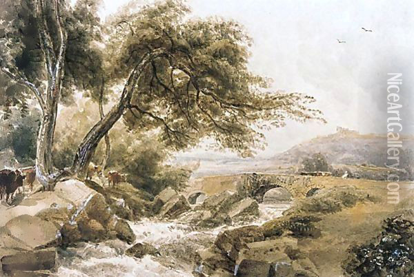 Cattle By A River, A Bridge Beyond Oil Painting - Peter de Wint
