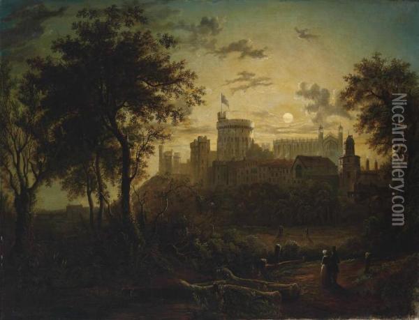 Figures Before Windsor Castle, By Moonlight Oil Painting - Sebastian Pether