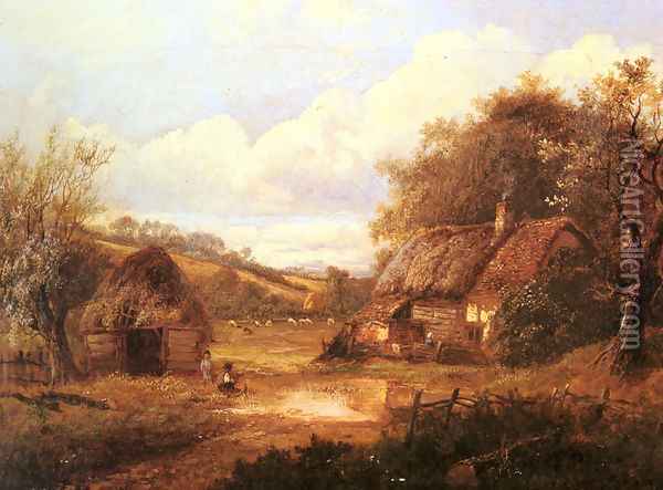 Landscape with figures outside a thatched cottage Oil Painting - Joseph Thors