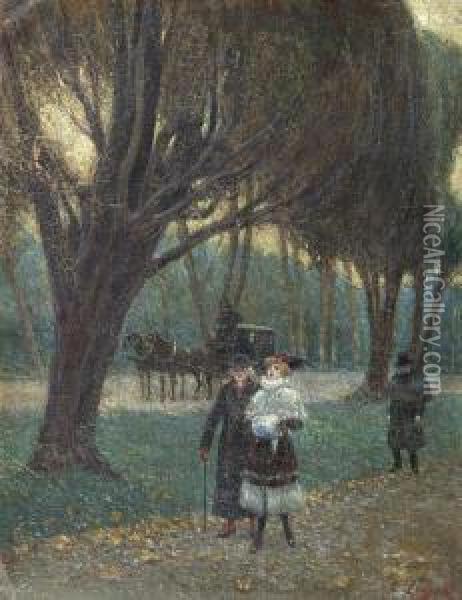 Bois De Boulogne, Paris. Oil Painting - Emilio Longoni