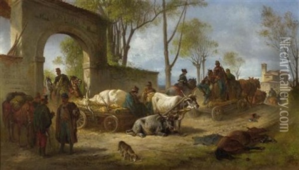 Requisition Wahrend Der Schlacht Von Novara, Piemont Wahrend Des Italienkrieges Von 1848-49 Oil Painting - Eugen Adam