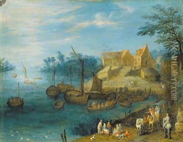 A river landscape with travellers and other figures on a path and boats moored before a village Oil Painting - Joseph van Bredael