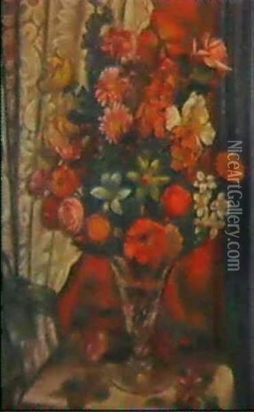 Roses, Daffodils, Zinnias And Poppies In A Glass Vase Oil Painting - Mark Gertler