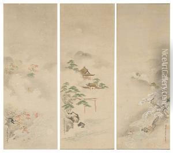 Tan'yu : Shinto Shrine And Seasonal Landscapes Oil Painting - Kano Tanyu