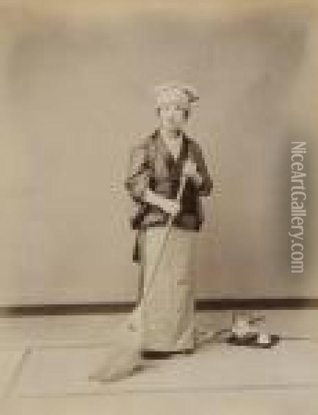 Geisha With Broom Oil Painting - Raimund, Baron Von Stillfried Und Rathenitz