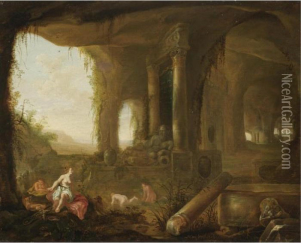 A Grotto With Diana And Her Nymphs Bathing Oil Painting - Abraham van Cuylenborch