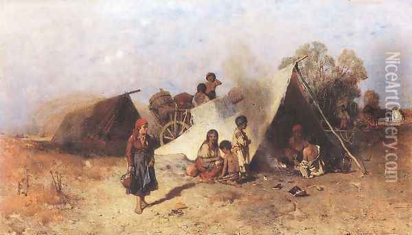 Wandering Gypsies 1873-75 Oil Painting - Geza Meszoly