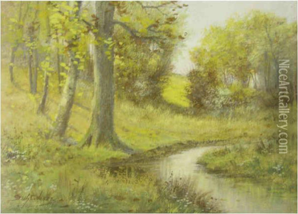 Wooded Landscape With Creek Framed Oil Painting - Seth C. Jones