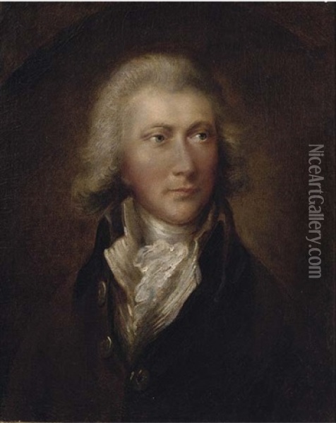 Portrait Of A Gentleman, (william Pitt?), Small Bust-length, In A Brown Coat And White Cravat Oil Painting - Gainsborough Dupont