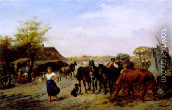 Reges Treiben Im Dorf Oil Painting - Alfred Ritter von Malheim Friedlaender