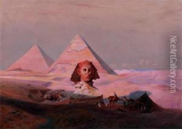 Egyptian Scene, Pyramids, Camels And Figures Oil Painting - Hermann Vogel