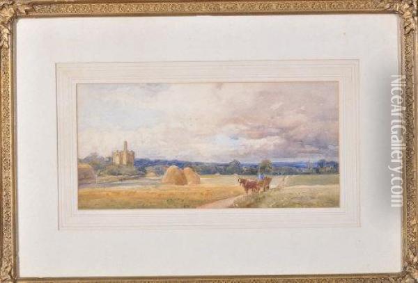 A Cart Passing A Hayfield Near Warkworth Castle Oil Painting - John Atkinson