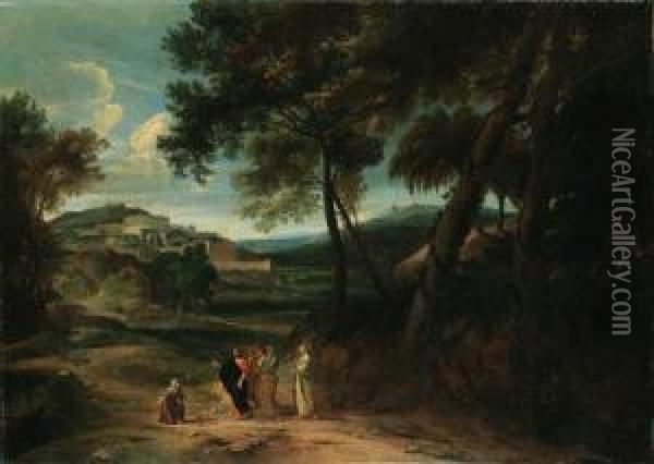 A Classical Landscape With Christ And The Canaanite Woman Oil Painting - Jan Baptist Huysmans