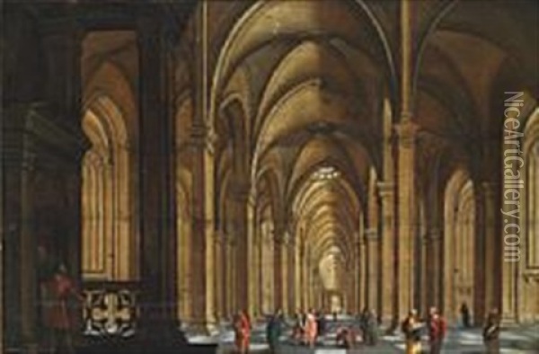 Gothic Church Interior With Christ And The Woman Taken In Adultery Oil Painting - Jan van Vucht